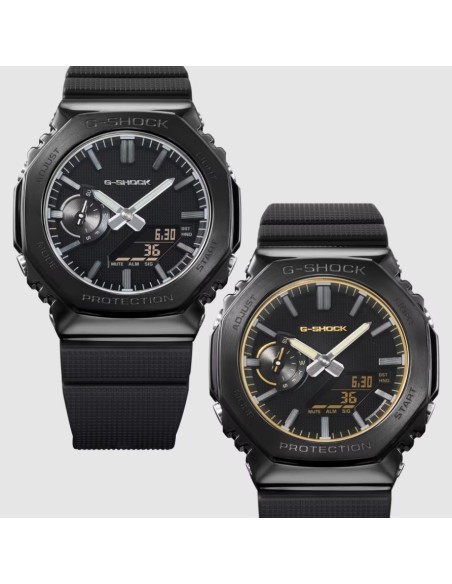 GM-2100LXB LUXE BLACK: a G-SHOCK watch with a sophisticated design, featuring a black metal bezel, gold detailing and a minimali