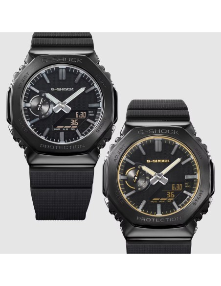 GM-2100LXB LUXE BLACK: a G-SHOCK watch with a sophisticated design, featuring a black metal bezel, gold detailing and a minimali