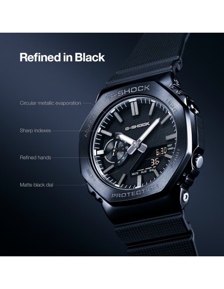 GM-2100LXB LUXE BLACK: a G-SHOCK watch with a sophisticated design, featuring a black metal bezel, gold detailing and a minimali