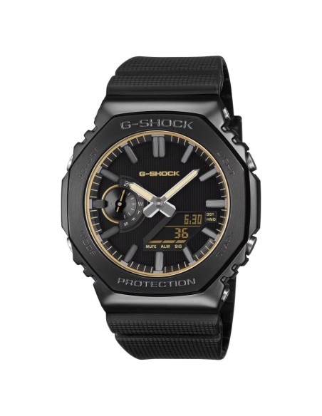 GM-2100LXB LUXE BLACK: a G-SHOCK watch with a sophisticated design, featuring a black metal bezel, gold detailing and a minimali