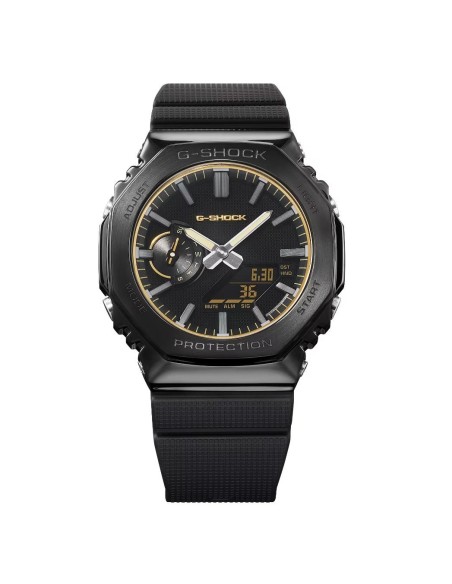 GM-2100LXB LUXE BLACK: a G-SHOCK watch with a sophisticated design, featuring a black metal bezel, gold detailing and a minimali