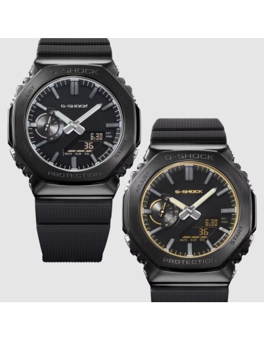 GM-2100LXB LUXE BLACK: a G-SHOCK watch with a sophisticated design, featuring a black metal bezel, gold detailing and a minimali